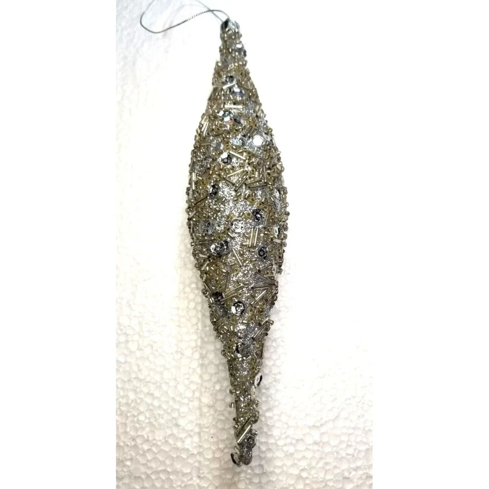 Embellished Silver Ornaments Hanging Icicle Teardrop Sequin Beaded Glitter 3 Set